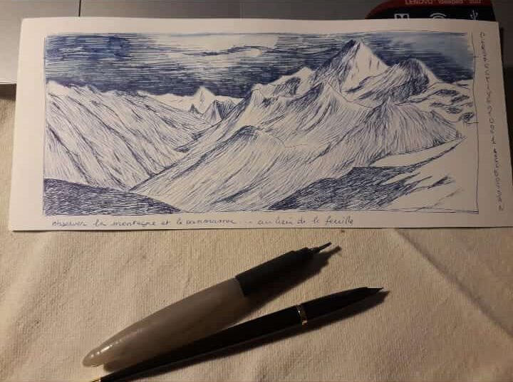 Realisation de Laurence dessin au bic montagnes perspective