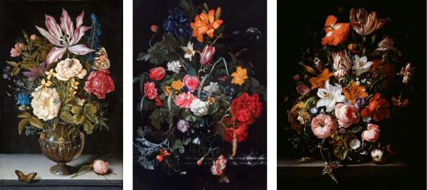 Triptyque fleurs dans un vase - peintures à l'huile